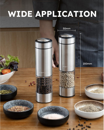 FORLIM Electric Salt and Pepper Grinder Set, Battery Operated Automatic Salt Pepper Mill, One-Handed Operation, Refillable with Light, Adjustable Coarseness, Stainless Steel, 2 Pack (Silver Gray)