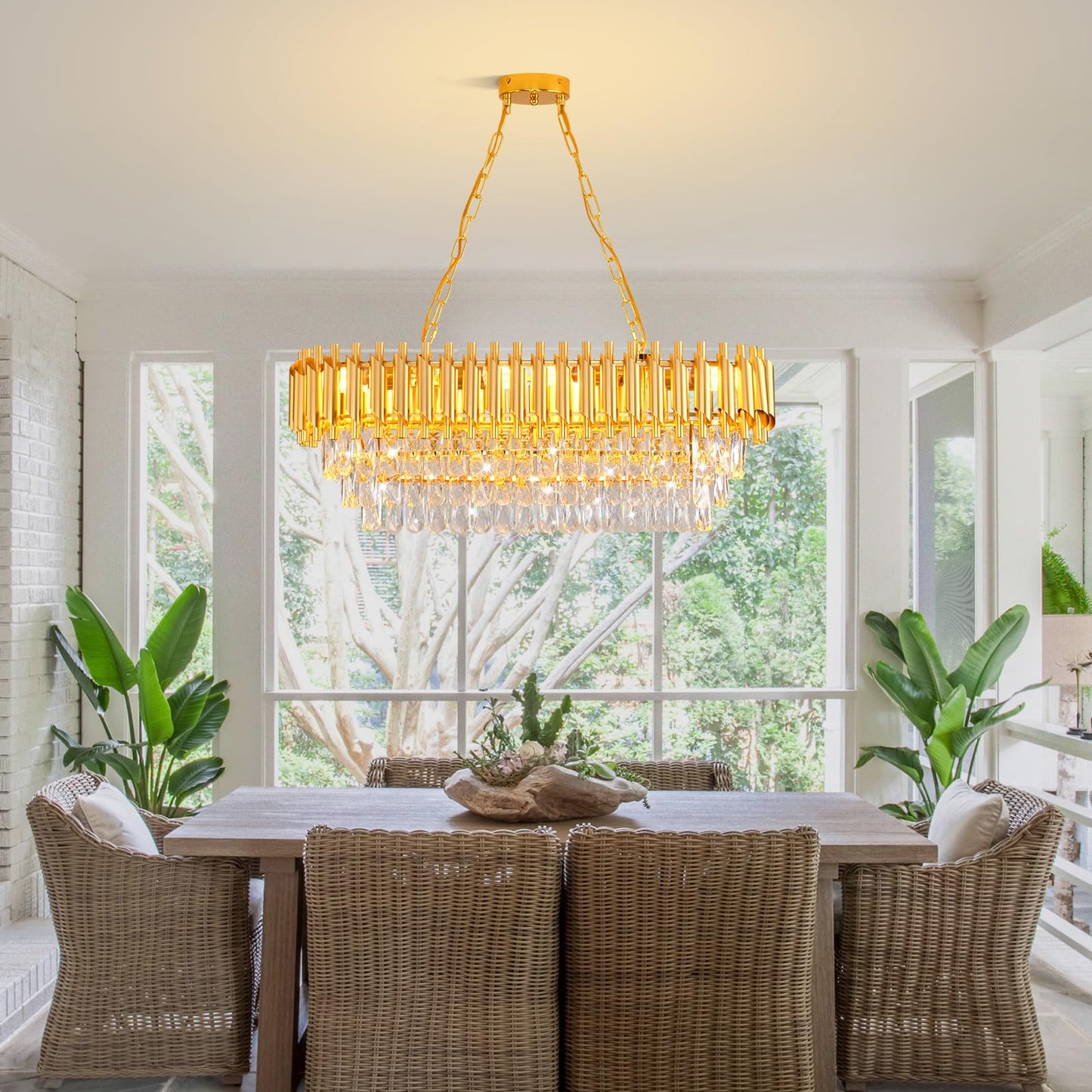 AKDXIRUN Modern Crystal Chandeliers for Dining Room 8-Light Rectangular Gold Crystal Chandelier Living Room Oval Contemporary Linear Pendant Light Fixture for Kitchen Island Bar Restaurant L32