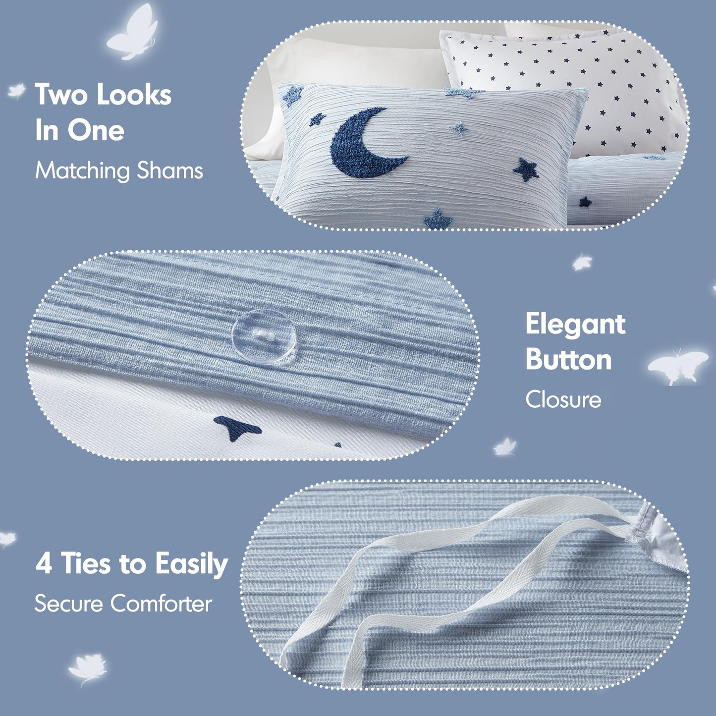 Intelligent Design Kids Cosmos Full Size Duvet Set – Blue Star and Moon Tufted Chenille, Reversible 3-Piece Bedding with Star Pillow, Full/Queen