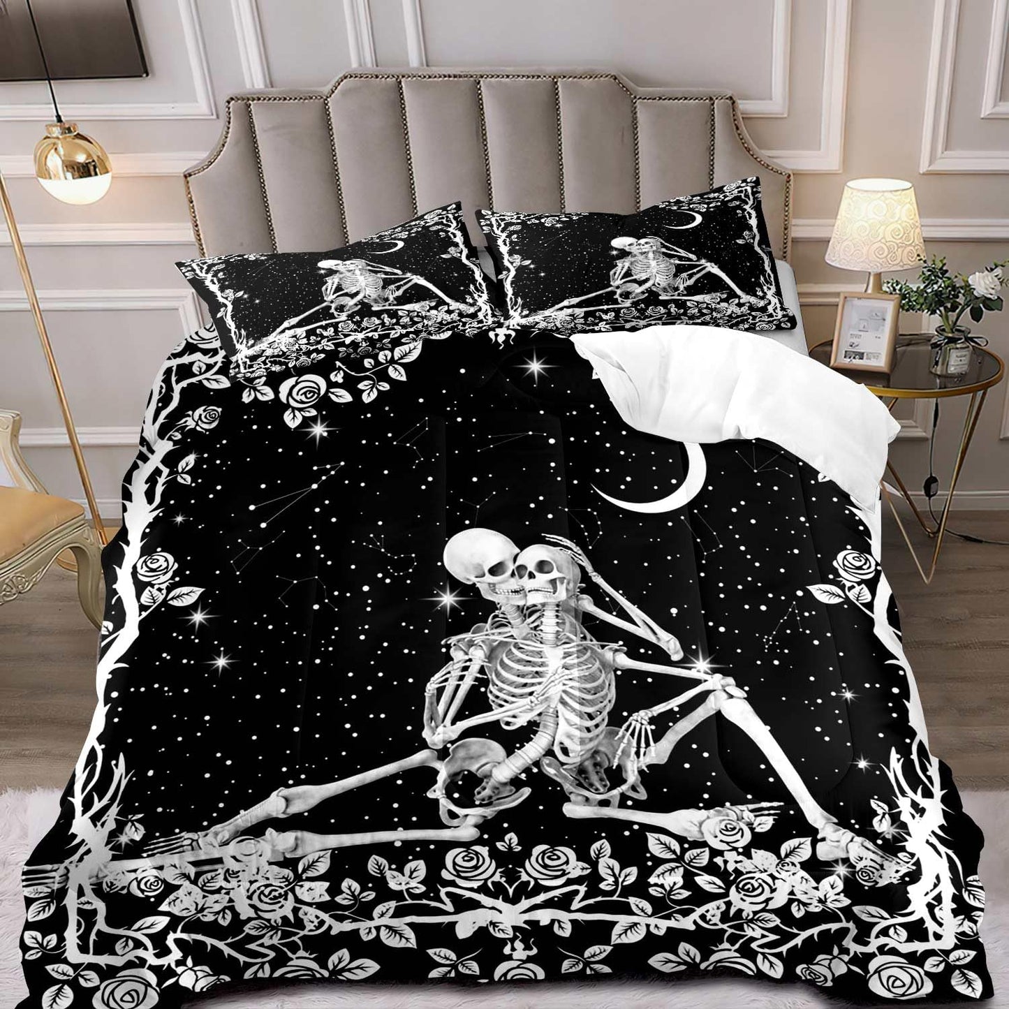 LUVIVIHOME 3PCS Skull Bedding Sets, Black & White Comforter Set King Size, Moon Stars Rose Floral Skeleton Lovers Romantic Bedroom Decor for Women Men, Microfiber Quilt, Couples Gifts, 2 Pillow Shams