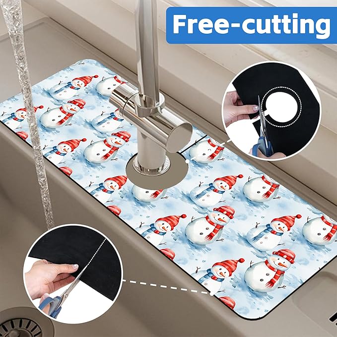 Christmas Snowman with Hat Kitchen Sink Splash Guard Mat Absorbent Fast Drying