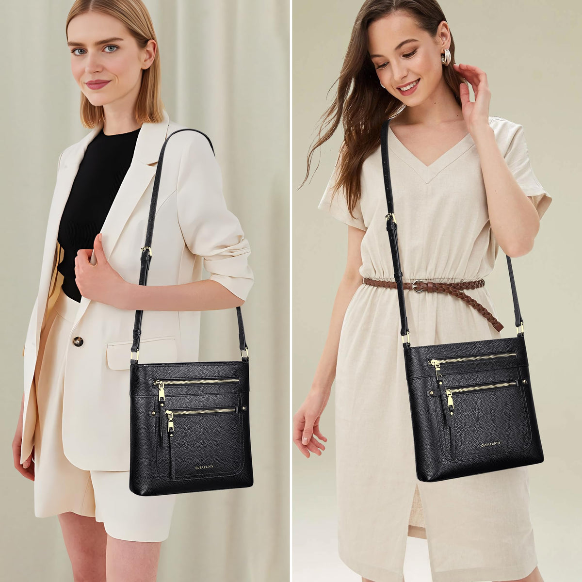 Over Earth Leather Crossbody Bags for Women Medium Shoulder Purse Multi Pocket Shoulder Handbag with Adjustable Strap(O199E Black RP)