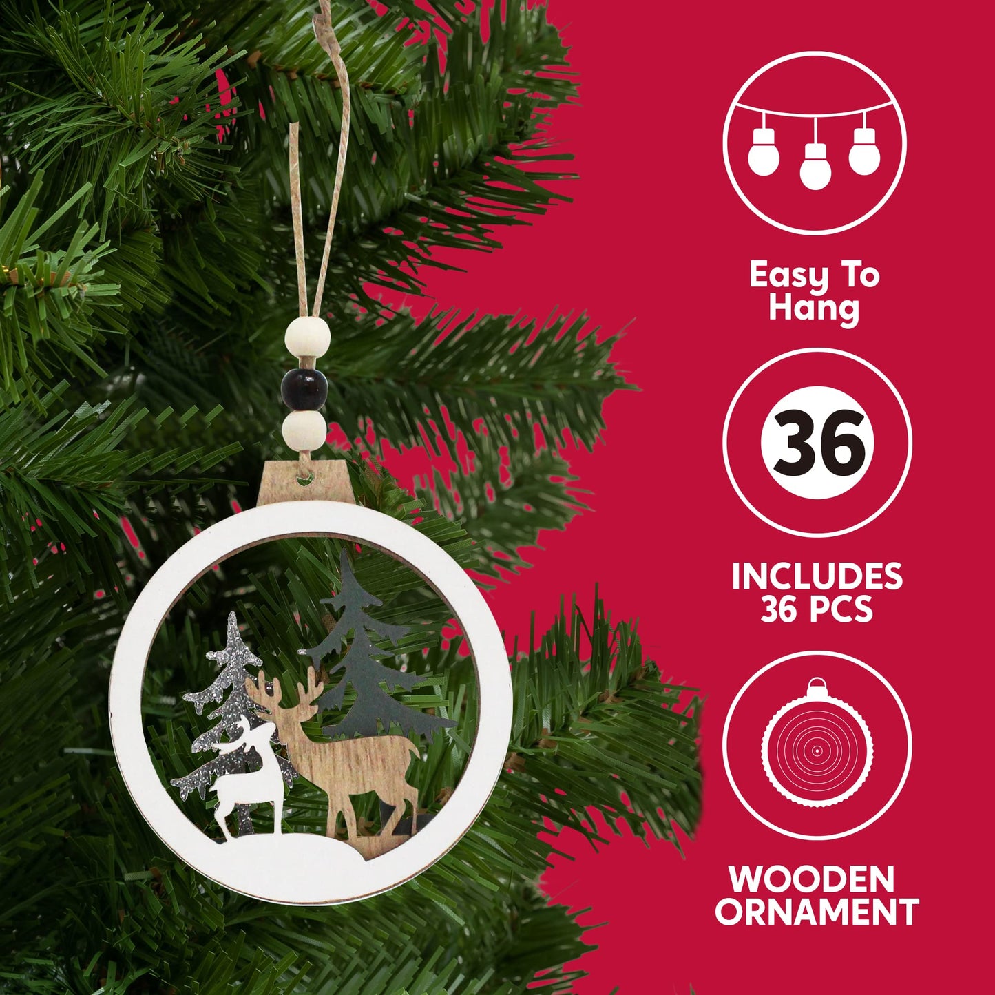 JOIEDOMI 6 Pcs Christmas Wooden Ornaments, Christmas Farmhouse Rustic Reindeer, Hanging Wood Ornaments for Winter Holiday Indoor Decor, Xmas Tree Decorations