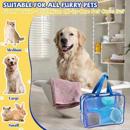8PCS Dog Slicker Brush for Dogs Grooming Kit,Bath Grooming Kit for Pets,Hair Brush Set with Towel,Washing Gloves,Slicker Comb,and Shampoo Scrubber Brush for Small and Large Dogs and Cats(Blue)