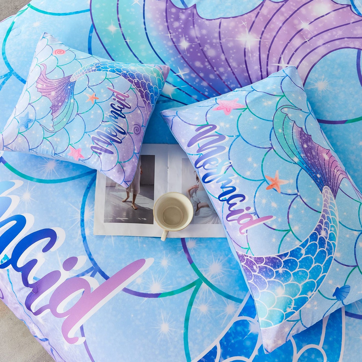 RYNGHIPY 6Pcs Mermaid Tail Comforter Set for Kids Girls, Mermaid Fish Scale Bed in a Bag Twin Size, Sparkle Teal Purple Rainbow Bedroom Decor Bedding Set