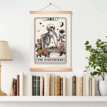 HEYJEEPER The Overthinker Tarot Card Wall Art,Skeleton and Floral for Witch Room Decor,Humorous Wall Hanging Linen Print Poster for Bedroom,Library, Study room 14x18inch(The Overthinker)