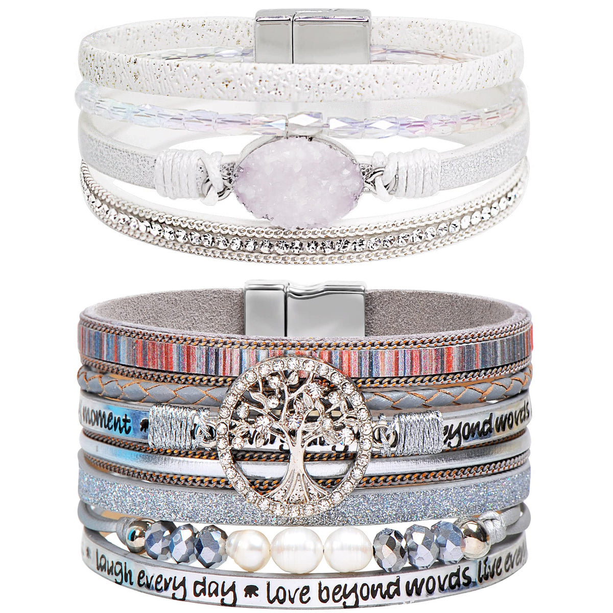 LightOnIt Boho Leather Wrap Bracelets Bohemian Crystal Bracelets Trendy Layered Bracelet with Magnetic Clasp Stackable Jewelry for Women