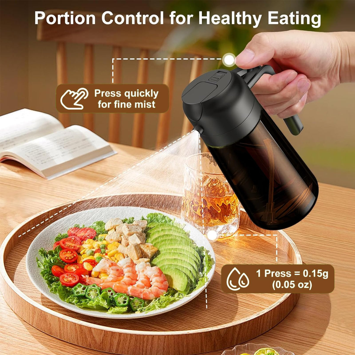LAKUMIQI 2-in-1 Glass Oil Dispenser & Sprayer - 16oz/470ml Leakproof Olive Oil Sprayer Bottle for Cooking, Air Fryer, BBQ, Baking, Salad (Black)