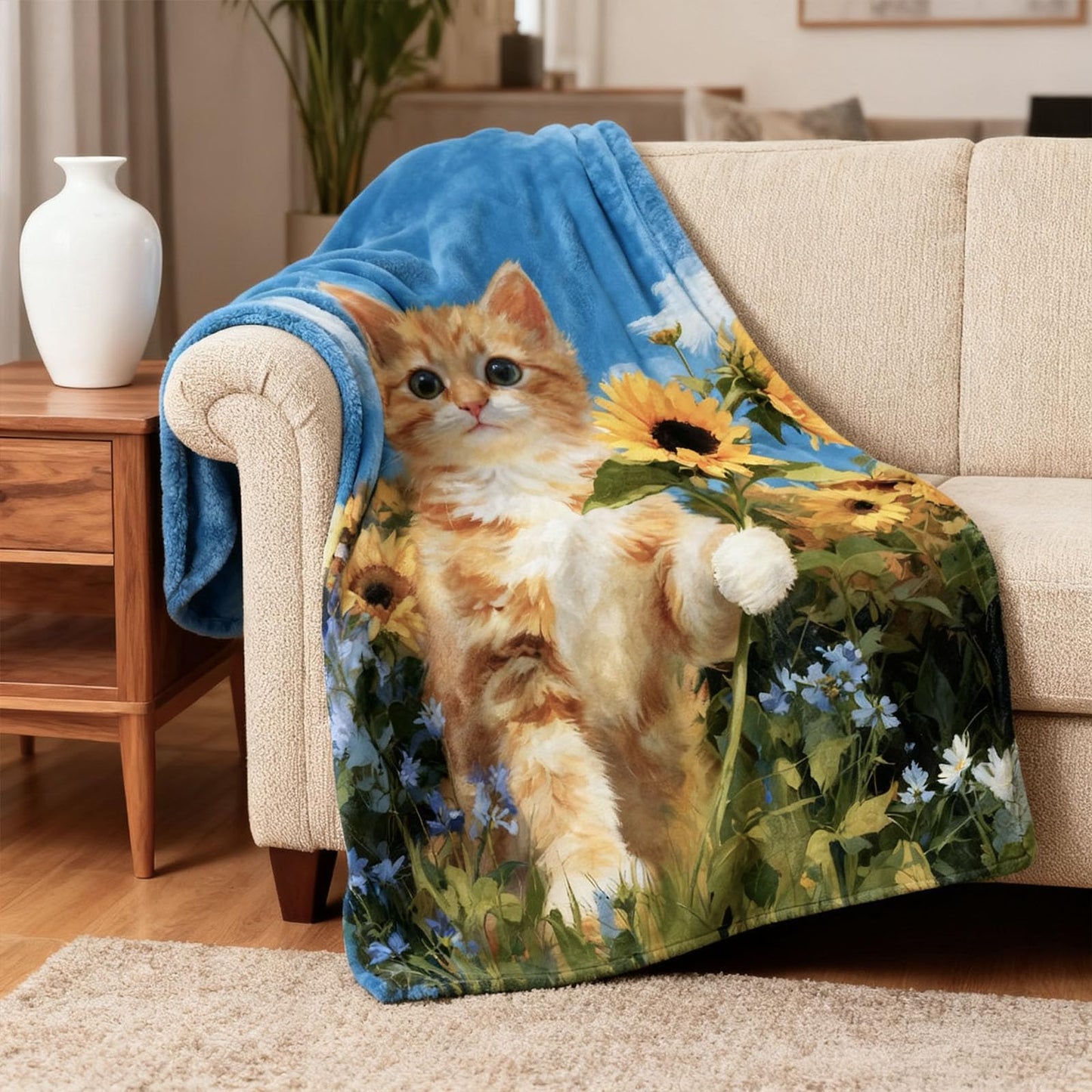 kampdream Orange Cat and Sunflower Flannel Blanket Throw, Super Soft Cozy Nap Blanket with Fun Animal Pattern for Sofa Travel and Camping, for All Seasons 50"x60" inch Yellow Blue Kitty