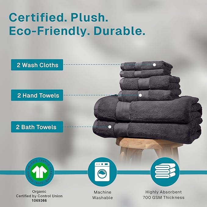 Fabdreams 100% Organic Cotton Bath Towel Set of 6 700 GSM Hotel Premium Plush