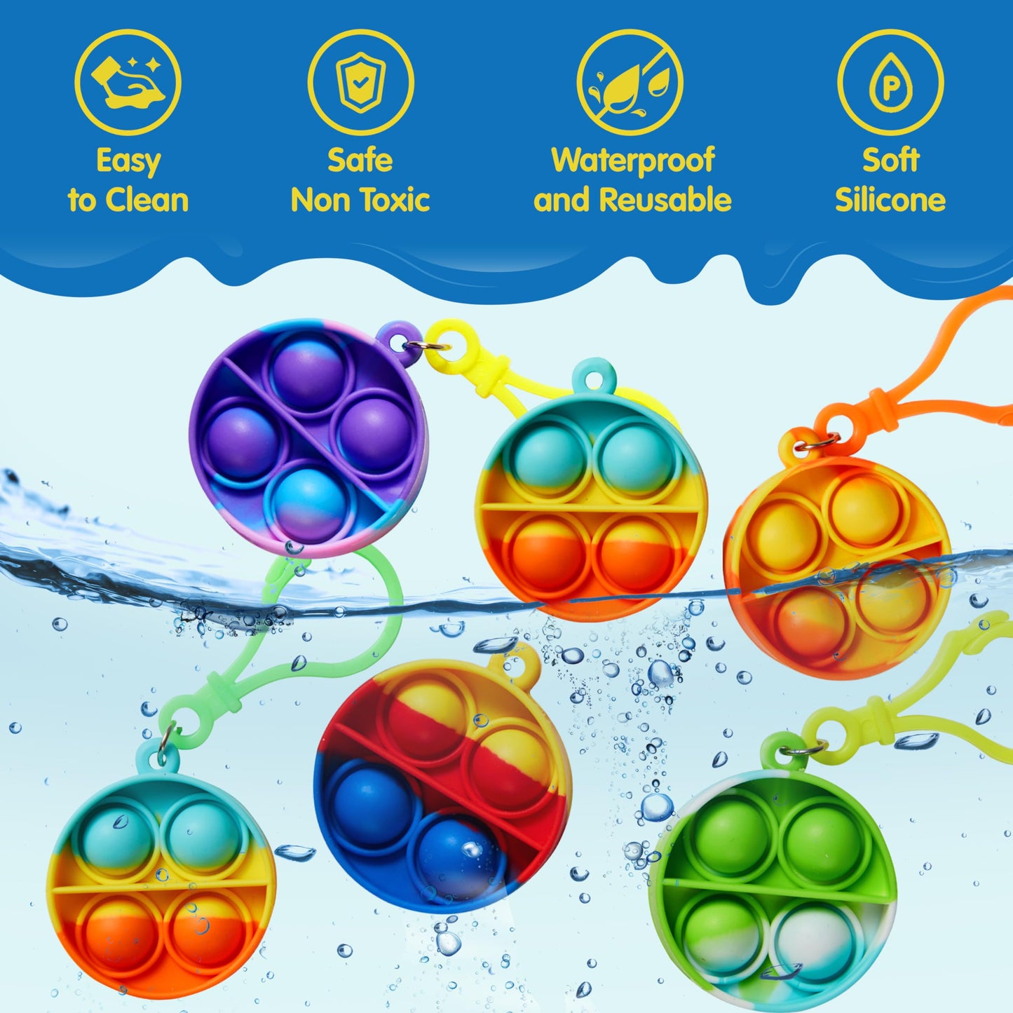 JOYIN 30 PCS Round Pop Fidget Kerings Mini Fidget Toys for Kids, Party Bag Fillers for Kids Poppet Fidget Toy Stress Relief Squeeze Keychain Toys, Party Favors Gifts for Boys and Girls