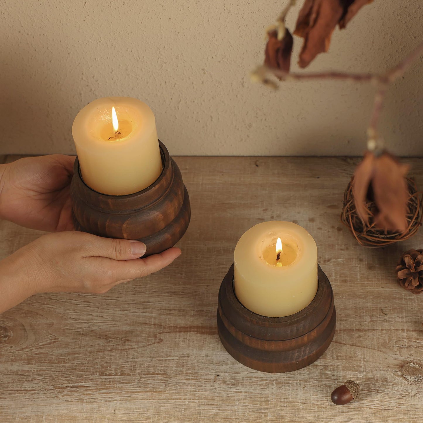 NIKKY HOME Farmhouse Solid Wood Pillar Candle Holders Set of 2, Brown