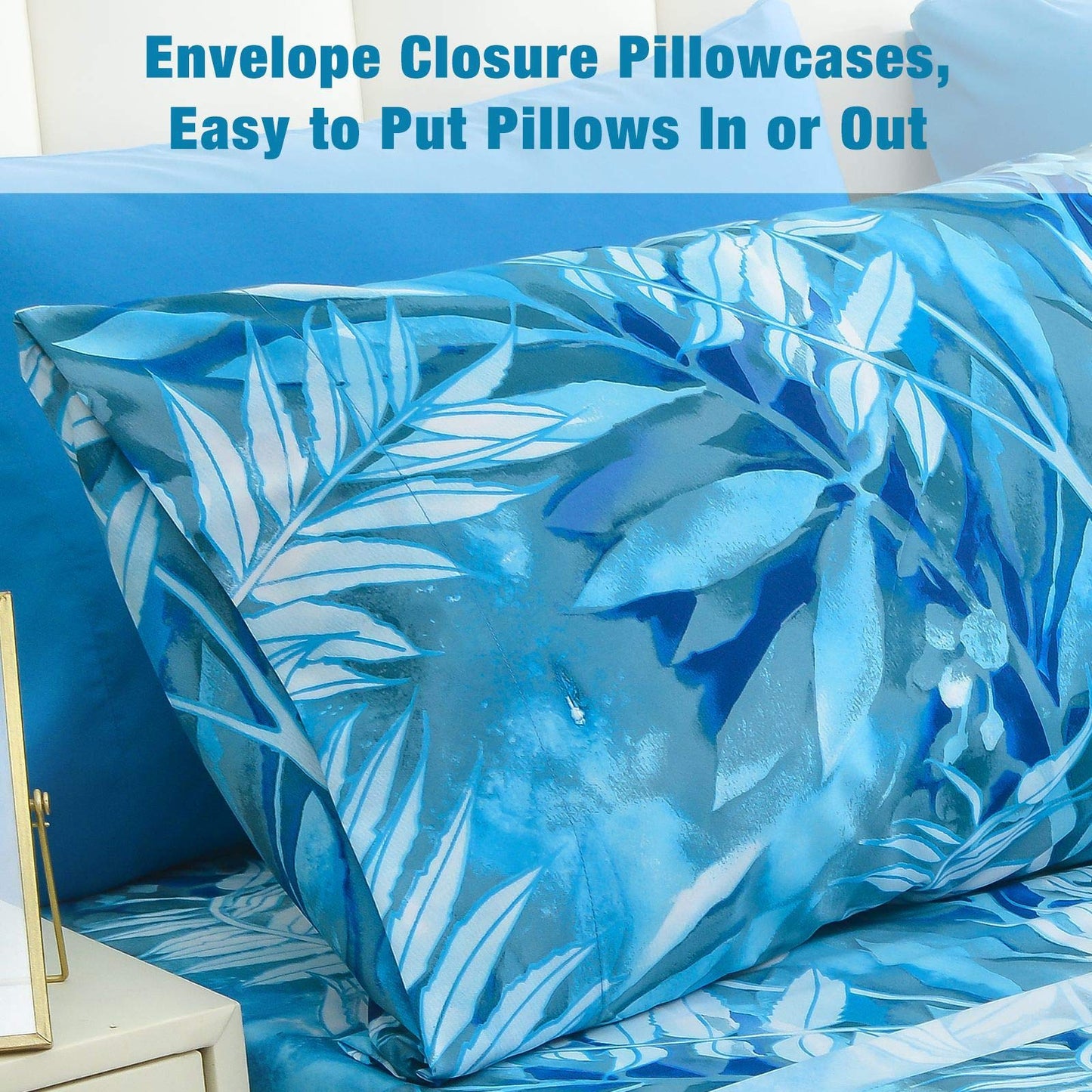 JSD Blue Tropical Leaves Print Sheet Set King Size, 6 Piece Soft Pattern Microfiber Bed Sheets Extra Deep Pocket