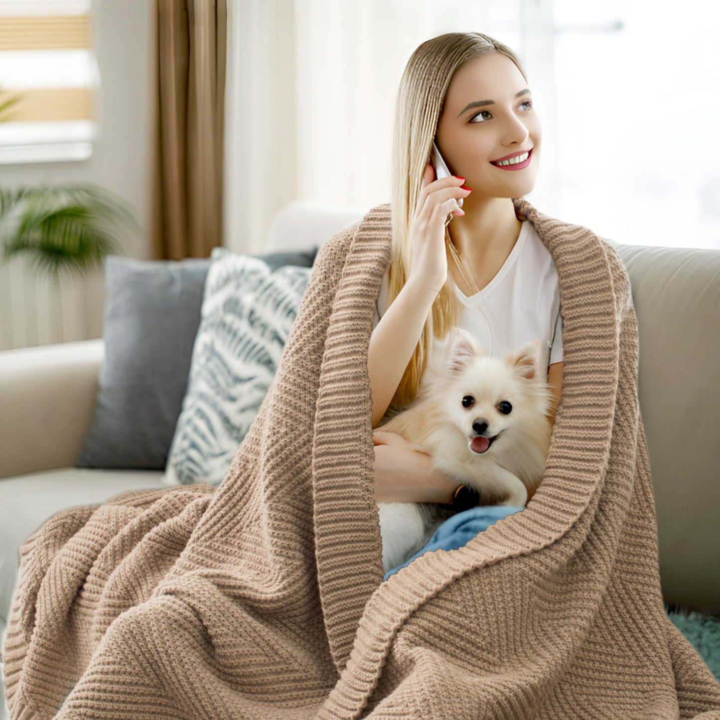 LONG CREATE Knitted Throw Blanket 50"X60", Taupe Knit Throws for Bed, Super Soft Boho Chevron Blankets for Couch Sofa Chair Room Decor, Textured Decorative Farmhouse Cozy Lightweight