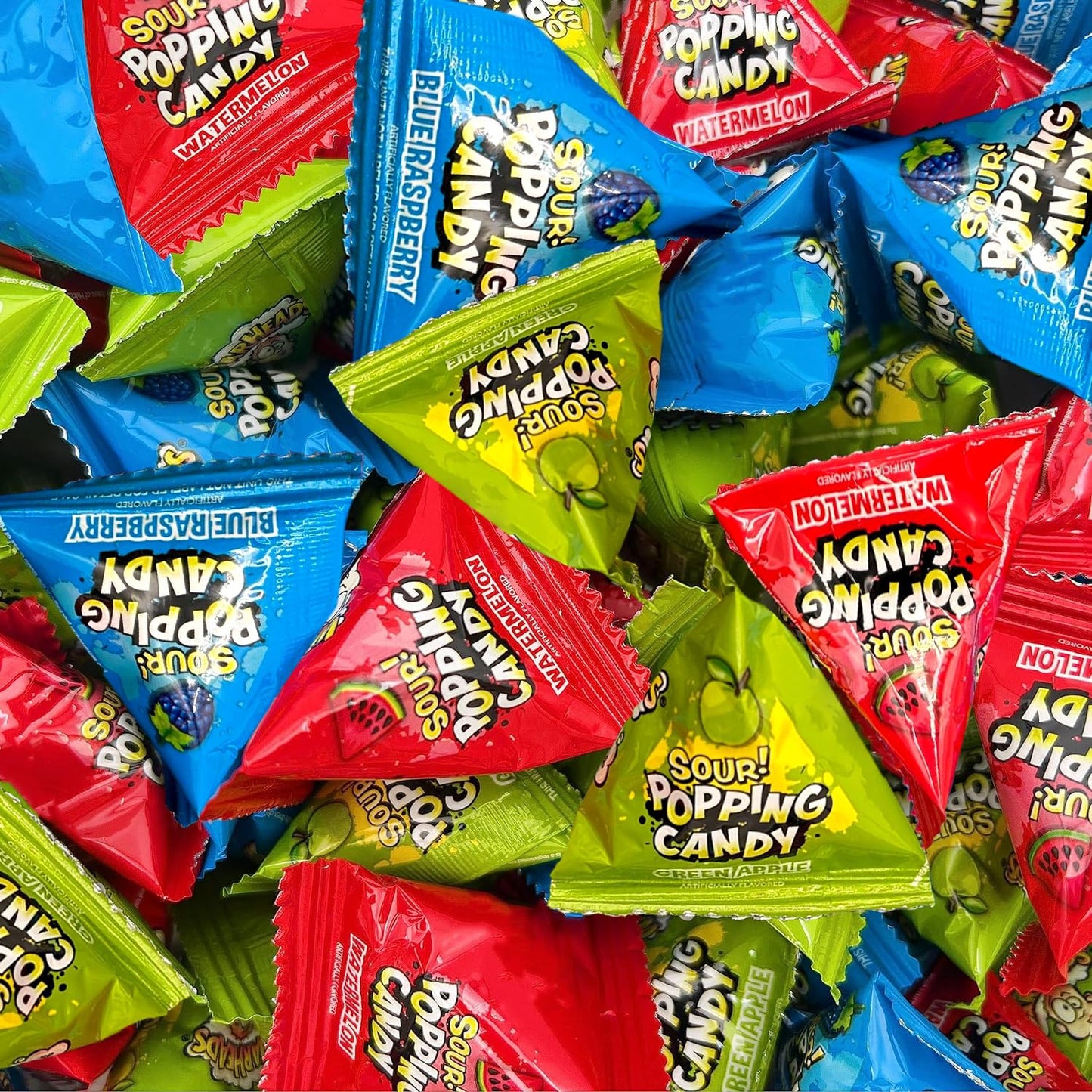 Sour Popping Rocks - 40 Count Bag - Sour Popping Halloween Candy Individually Wrapped - Assorted Fruit Flavors - Triangle Pouches - Blue Raspberry, Watermelon, Green Apple