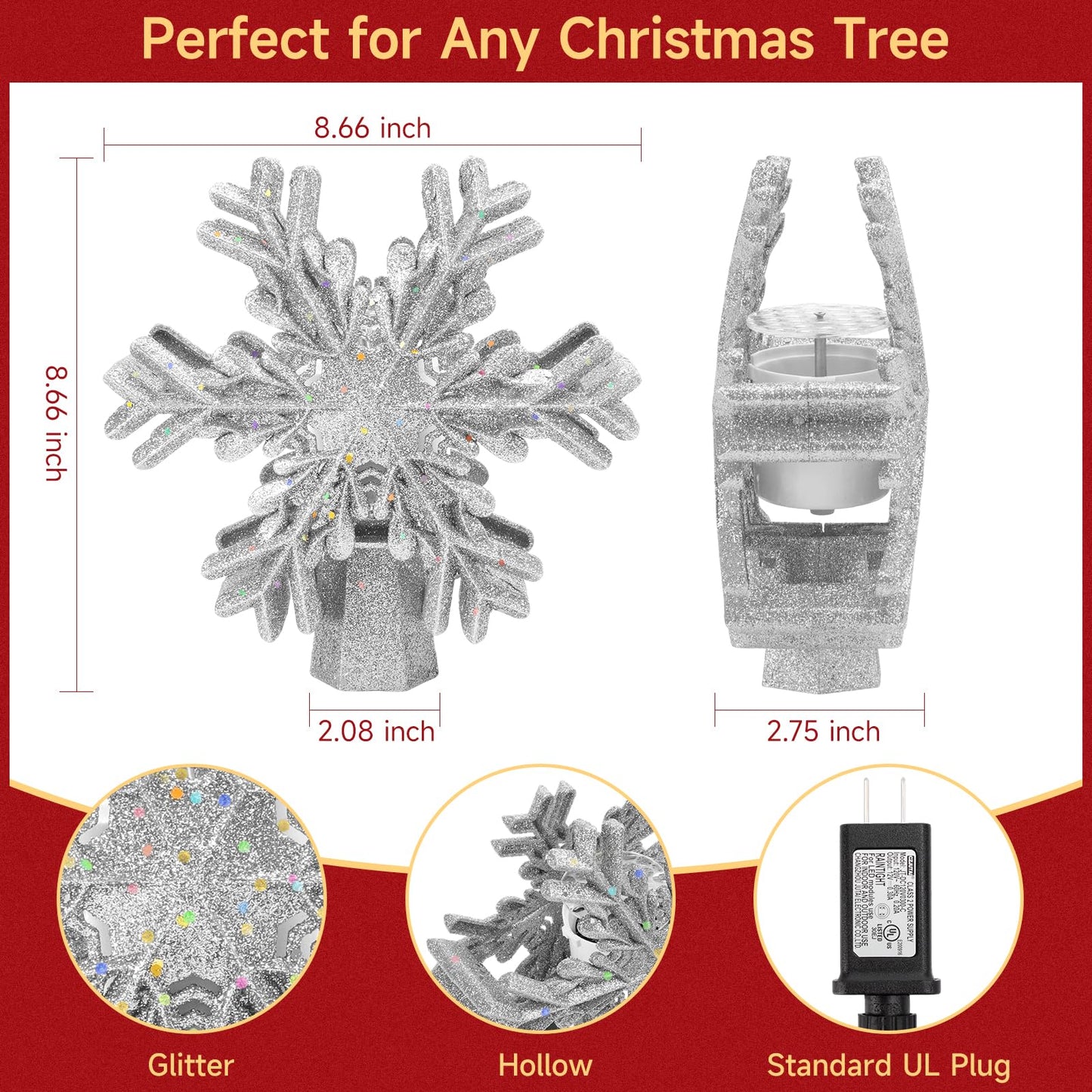 Christmas Tree Topper Lighted with Built-in LED Rotating Snowflake Projector, 3D Hollow Glitter Silver Snowflake Tree Topper for Xmas Party Holiday Christmas Decorations