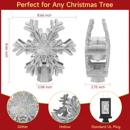 Christmas Tree Topper Lighted with Built-in LED Rotating Snowflake Projector, 3D Hollow Glitter Silver Snowflake Tree Topper for Xmas Party Holiday Christmas Decorations