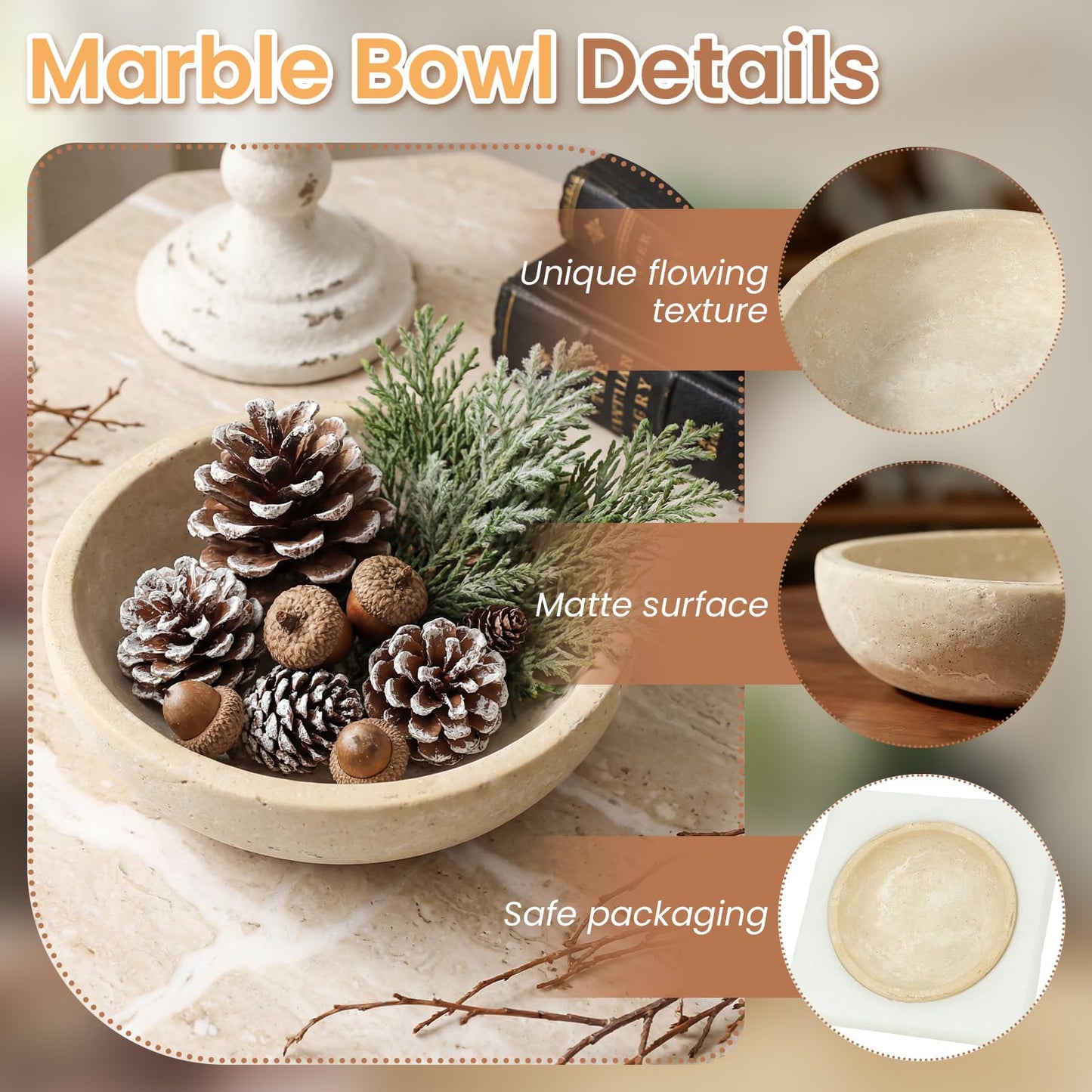 Travertine Marble Bowl & Decorative Bowl, 7.8" Modern Home Decor Key Bowl for Entryway, Natural Stone Centerpiece for Coffee Table, Ring Tray, Housewarming Gifts, Apartment Essentials Must Haves