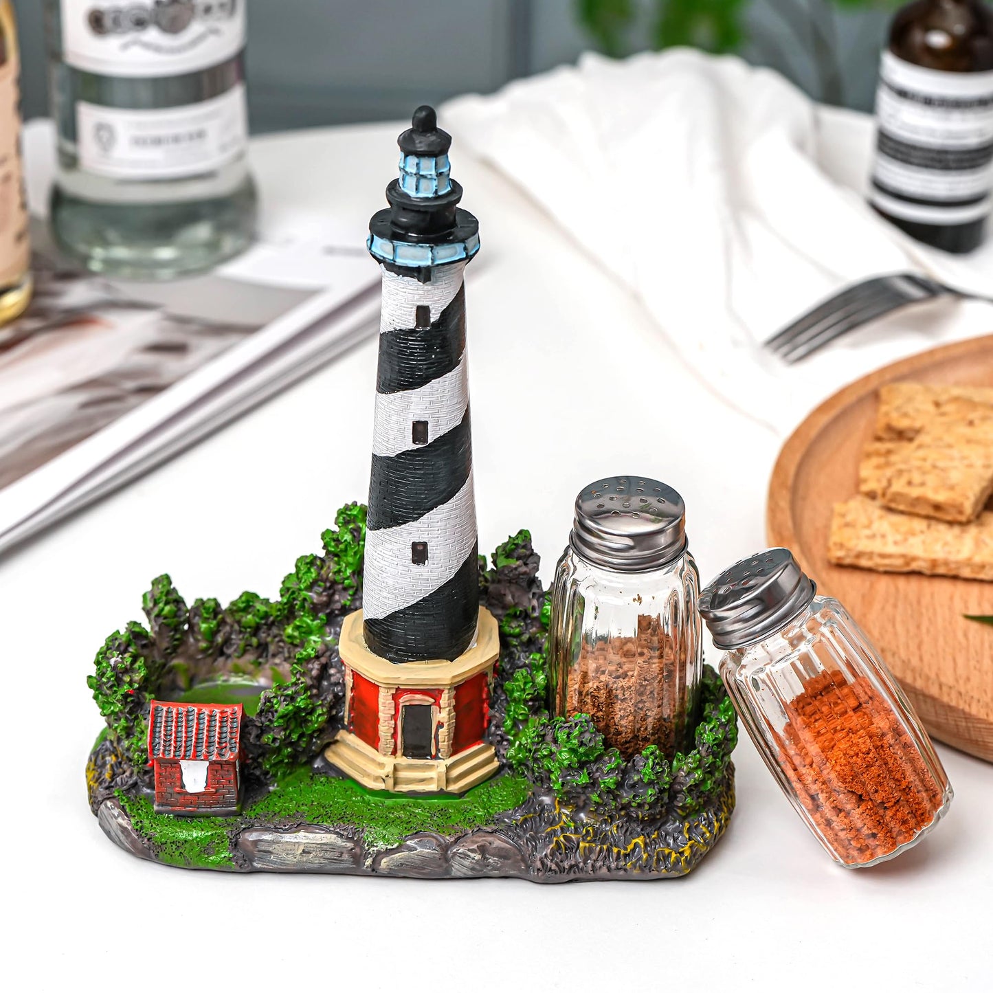 Coastal Lighthouse Salt and Pepper Shaker Set - Bodie Island Lighthouse Decor with Glass Seasoning Bottles, Nautical Kitchen Decor for Beach House, Coastal Themed Accessories and Table Centerpiece