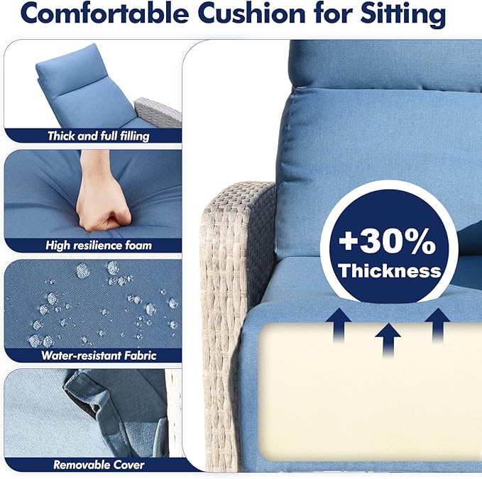 Outdoor Recliner Chair, Wicker Patio Recliners with Adjustable Backrest and Extended Foot Rest, Reclining Patio Chairs with Flip Table & Removable Cushion Cover for Porch