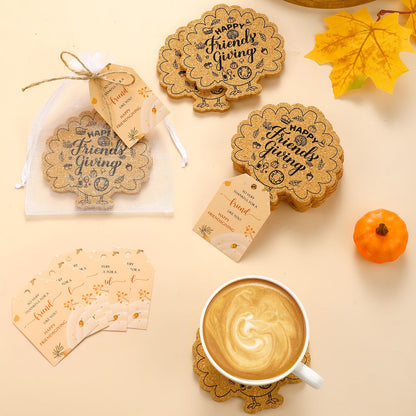 Hushee 24 Sets Friendsgiving Gifts Bulk Friendsgiving Cork Coasters Thanksgiving Cork Coaster Leaf Coaster with Thank You Cards and Organza Bag Thanksgiving Autumn Fall Party Favors (Maple Turkey)