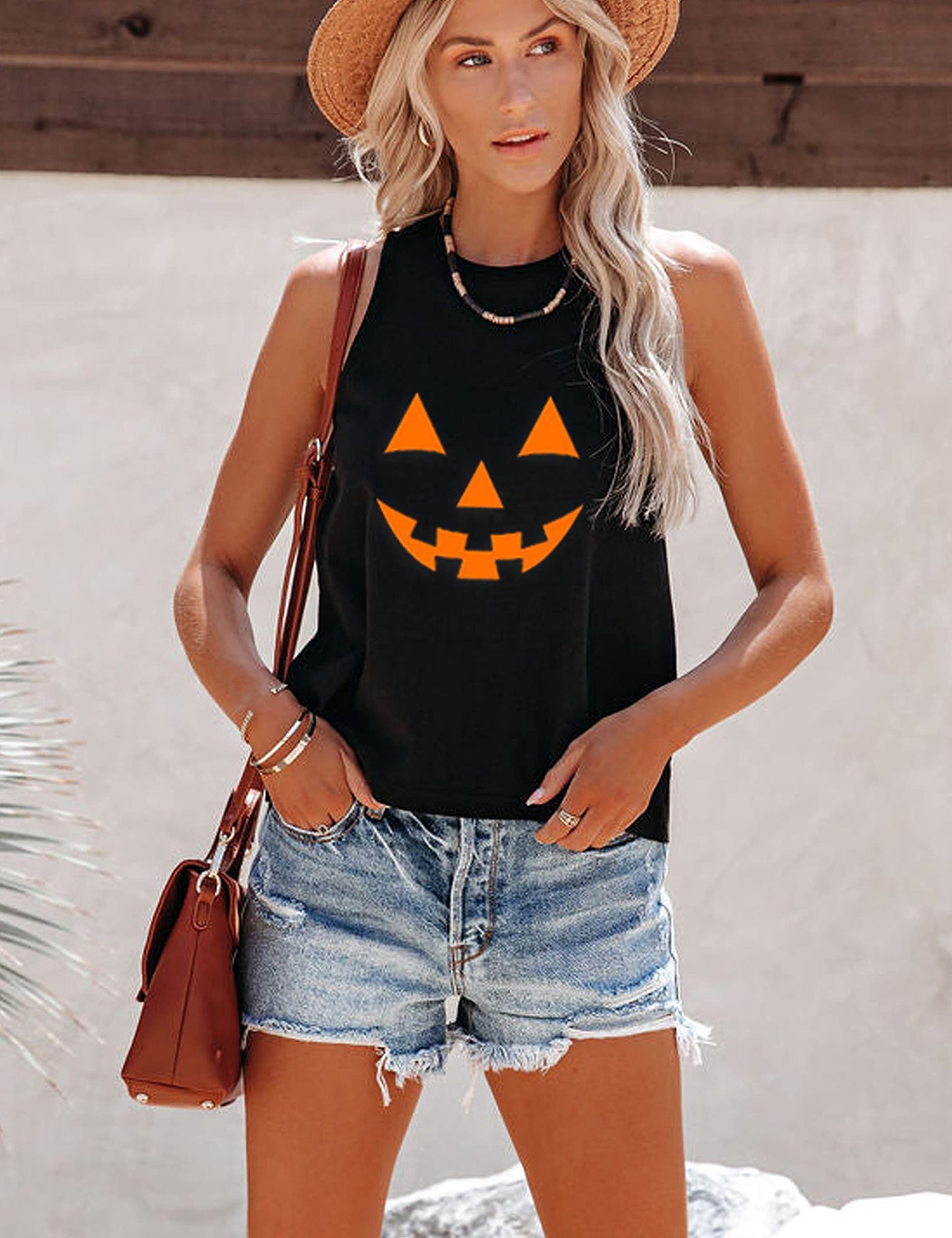 Mokoru Women's Funny Halloween Skeleton Pumpkin Skull Graphic Sleeveless Tank Top Shirts, Medium, Smile Face Black