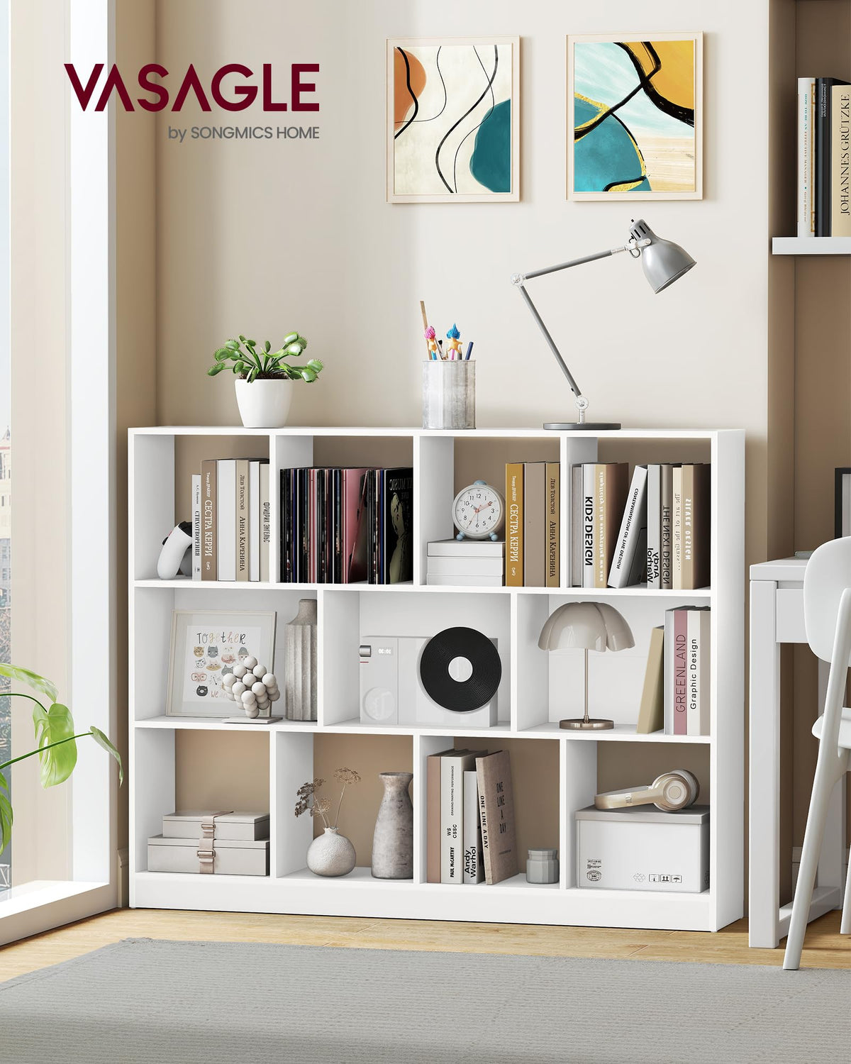 VASAGLE Custos Collection - Bookshelf, 3-Tier Bookcase, Book Shelf, Open Storage Shelf, 9.4 x 49.6 x 39.4 Inches, for Living Room, Home Office, Dining Room, Cloud White ULBC454W01