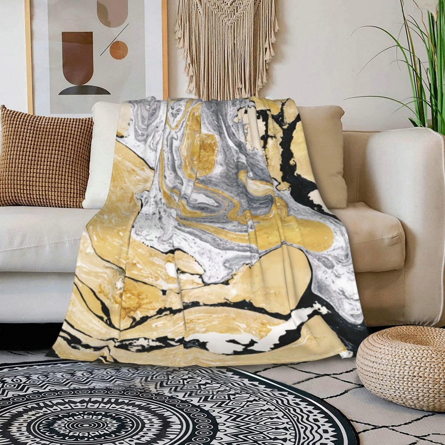HGOD DESIGNS Gold Golden and Silver Marble Ink Abstract Painting Flannel Fleece Bed Blanket Throw Blanket Lightweight Cozy Plush Blanket for Bedroom Living Rooms Sofa Couch 40"x50"