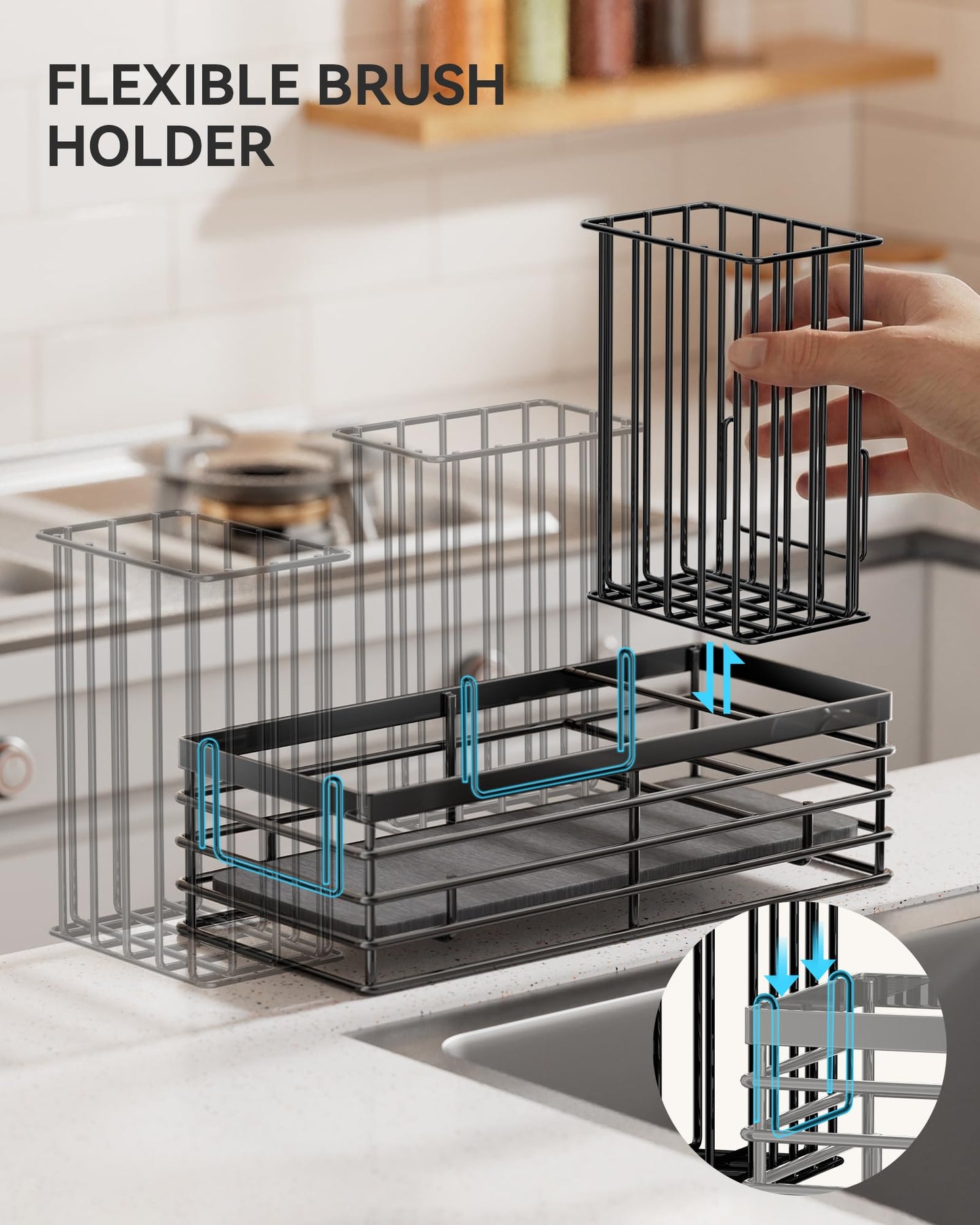 Yofidra Sponge Holder for Kitchen Sink, Sink Caddy Organizer with Stone Drying Mat, Kitchen Countertop Organizers and Storage Essentials, 304 Stainless Steel (Black, 9.29″ L)