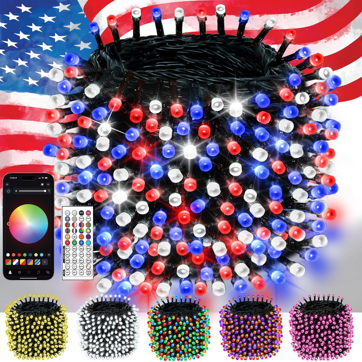 600LED Smart 4th of July String Lights | 206FT App Controlled Red White and Blue American Flag Lights, Waterproof Patriotic RGB Color Changing String Lights with Remote & Timer Outdoor for Memory Day