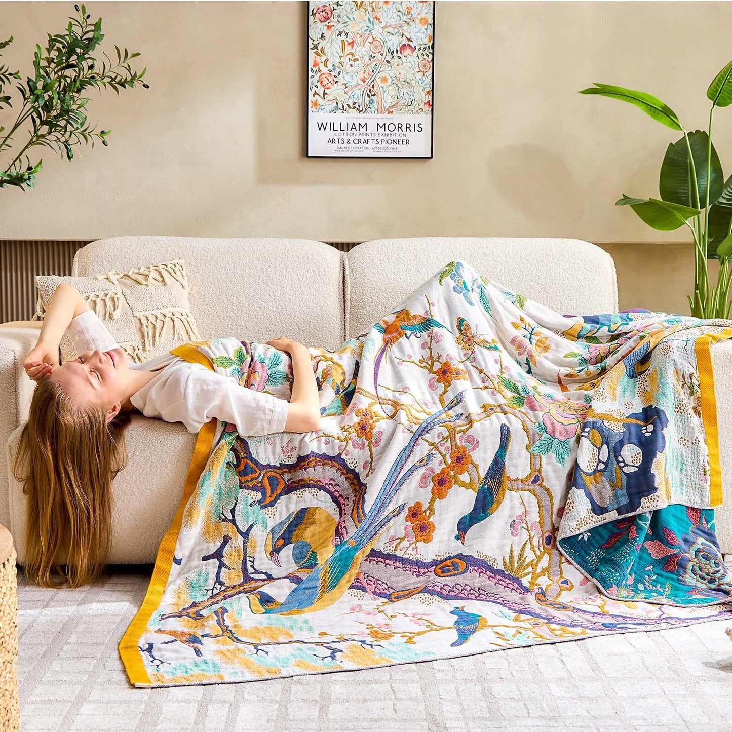 XIBLC Fall Throw Blanket for Couch, Yellow Boho Decorative Throw Blanket, 100% Cotton Muslin Breathable Woven Farmhouse Blankets Quilt, 60"x80" Reversible Lightweight Blankets Bohemian Throw Quilt