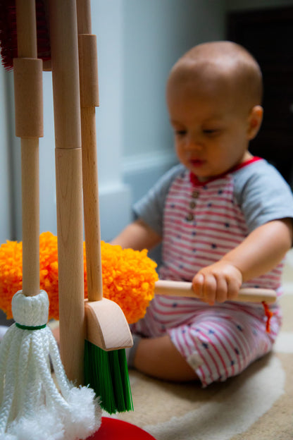 JustForKids Wooden Detachable Kids Cleaning Set - Duster, Brush, Mop, Broom and Hanging Stand Play - Housekeeping Kit - STEM Toys for Toddlers Girls & Boys, Total 6 Pieces,Multi Color,10071