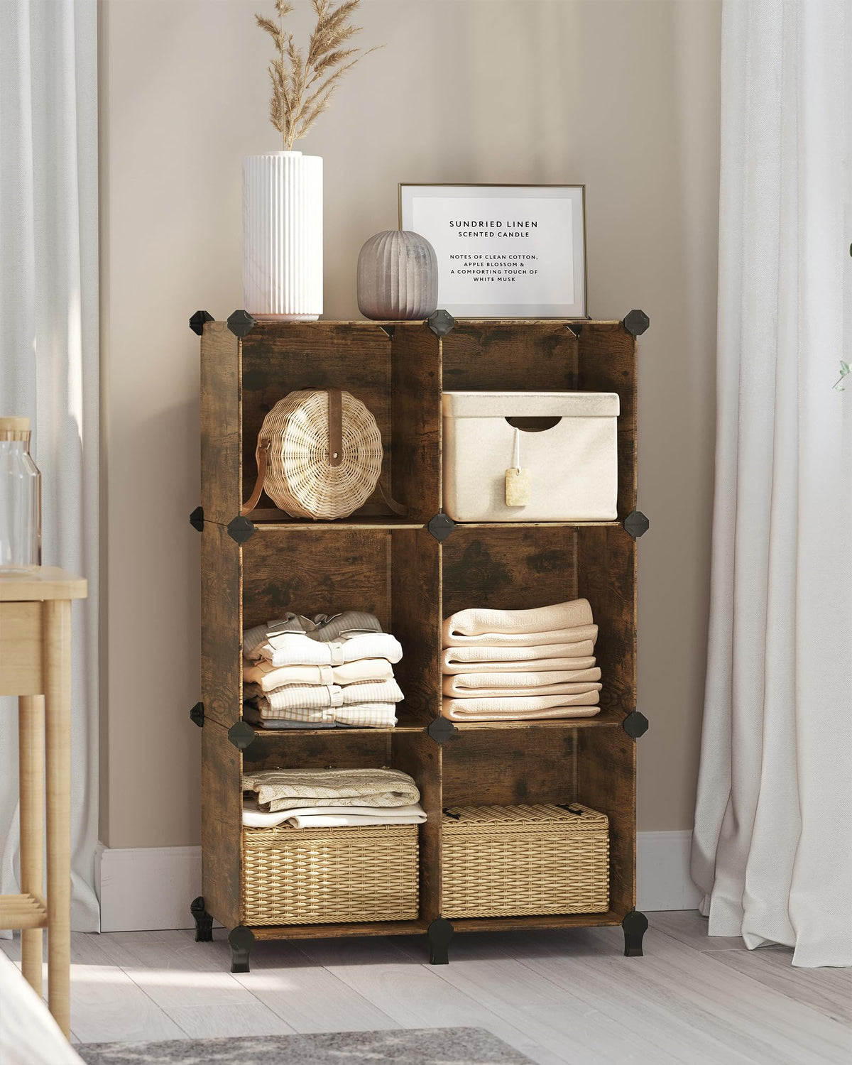 SONGMICS 6 Cube Storage Organizer, Modular Bookshelf, DIY Closet Organizers and Storage, Plastic Stackable Shelves, 11.8 x 11.8 x 11.8 Inch Cubes, with Feet and Rubber Mallet, Rustic Brown ULPC111A01