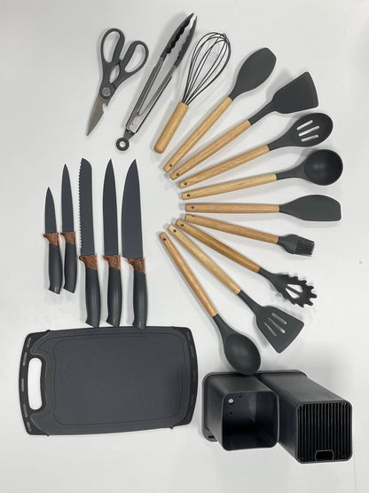 Kitchen Utensils Set & Knife Set with Block, 19 Piece All-in-One Cooking Set, 12 Nonstick Silicone Utensils + 5 Sharp Stainless Steel Chef Knives + Cutting Board, Dishwasher Safe Gift Set (Black)