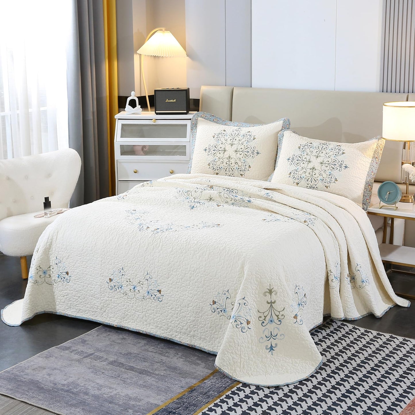 Quilt Set Floral Leaves 3D Embroidery Pattern 3 PCS Cotton Reversible Quilted Embroidered Decorative Bedspreads Coverlet Set, Lightweight &Soft Queen Size Beige Bedding Coverlet for All Season