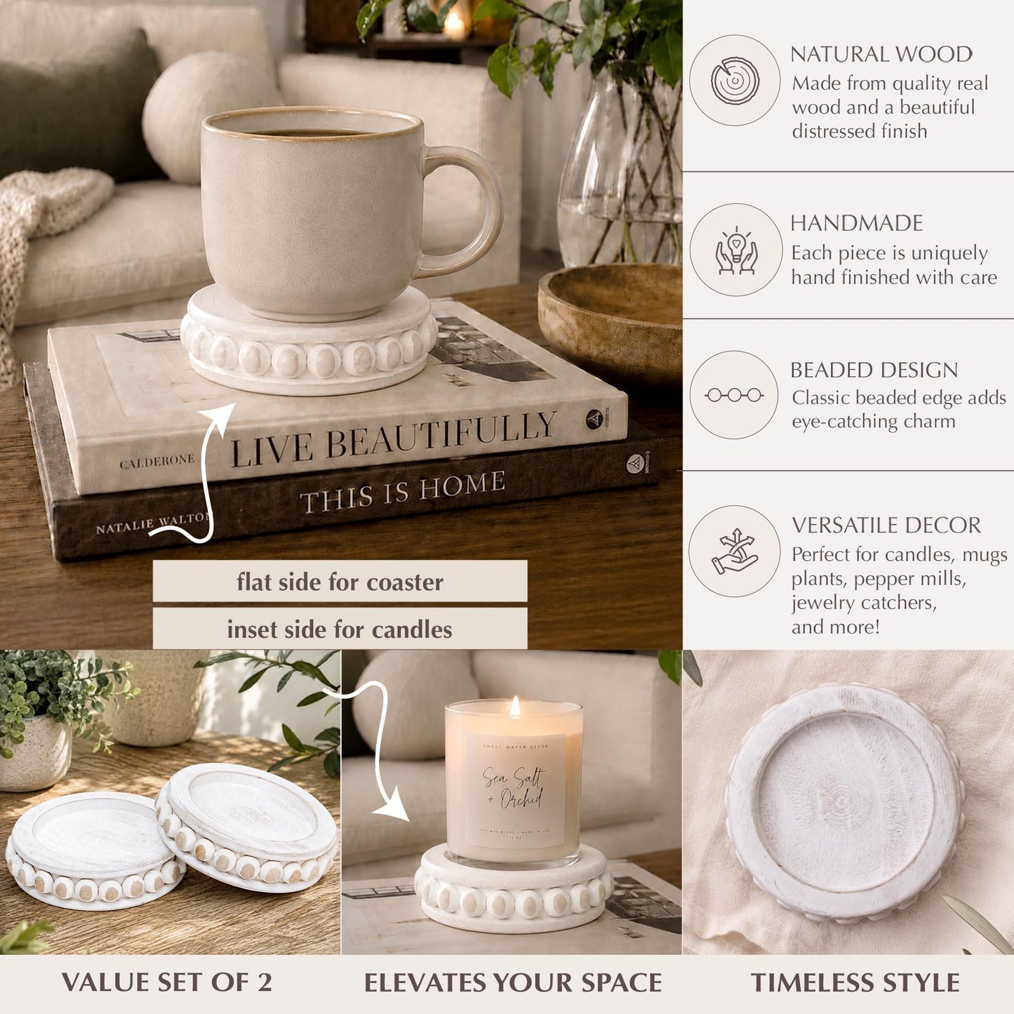 Felt Creative Home Goods Set of 2 Round Rustic Wood Beaded Risers - Sturdy 2-Sided Stackable Decor Pedestal Stands for Tiered Tray, Candle, Mug Display (Rustic White, 5 inch)
