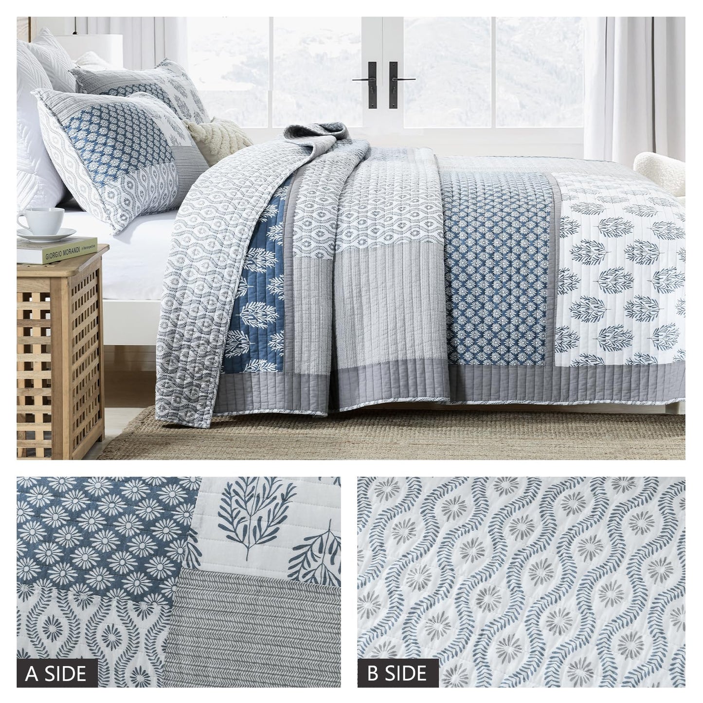 Finlonte King Size Quilt, 100% Cotton Comforter King Size, Blue Grey Farmhouse Quilted Bedspread, Patchwork Lightweight Reversible Quilt Bedding Set for King Bed, 3-Pieces