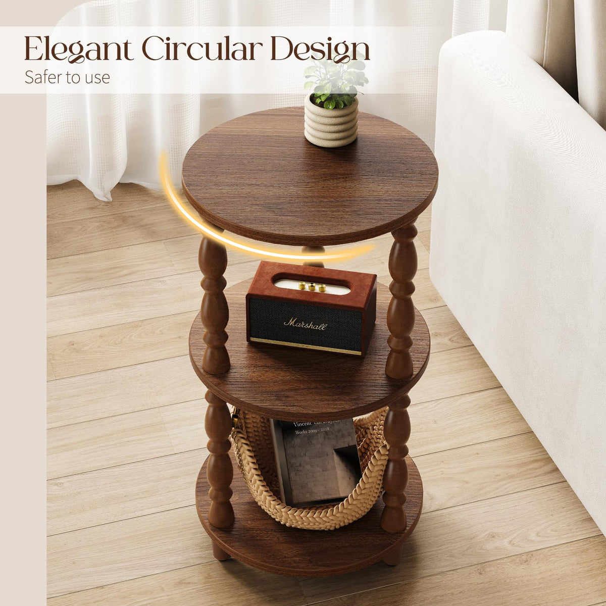 Yoobure Small Round Side Table - 3-Tier End Table with Storage Shelf, Narrow Bedside Table Nightstand for Bedroom, Accent End Tables Living Room, Wood Side Tables for Small Spaces, Office, Walnut