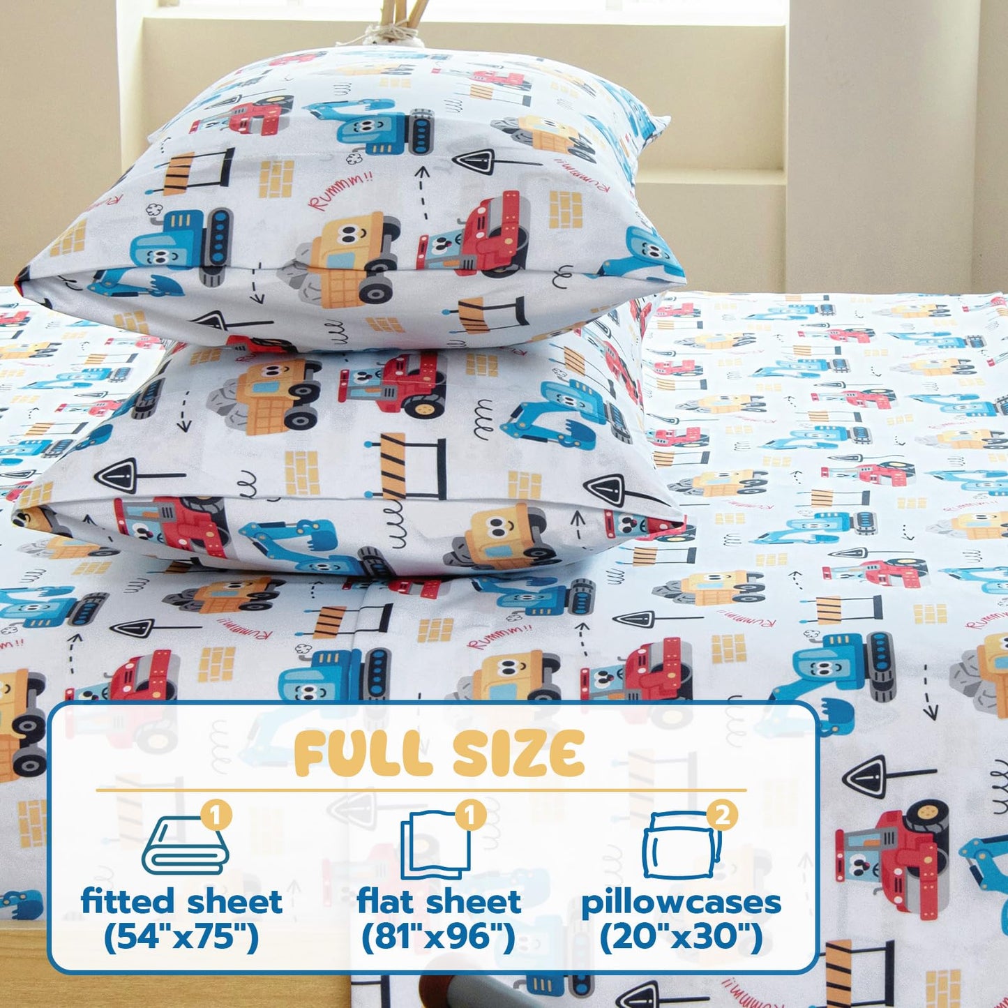 Homilay Full Sheet Set Kids - Cars 4 Pieces Soft Microfiber Cartoon Style Bedsheets for Boys Girls Teens, Oeko TEX Breathable 15 Inch Deep Pocket Sheets(Engineering Cars)