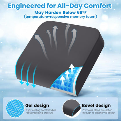 ComfyInLove Wheelchair Seat Cushion - Cooling Gel & Memory Foam Office Chair Cushion with Non-Slip Bottom & Washable Cover, Ergonomic Car Seat Pillow for Sciatica, Tailbone, Back Comfort (Grey)