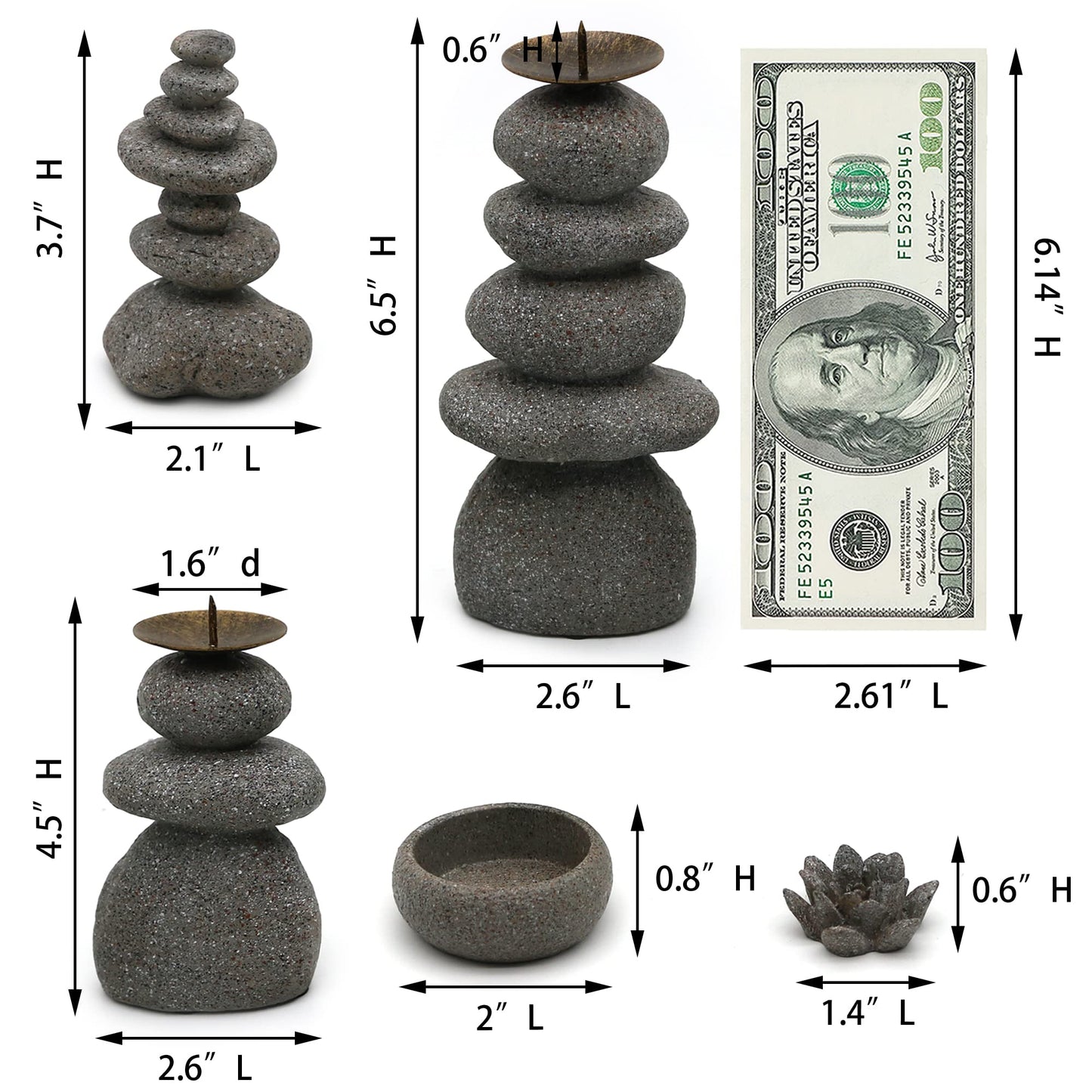 Rock Cairns Candle Holder - Taper Pillar Candle Stick Holder Set of 5 - Balance Stones Candlestick Holders Candlelight Stand for Zen Garden, Altar, Mantle, Yoga, Home Decoration, Meditation Gift