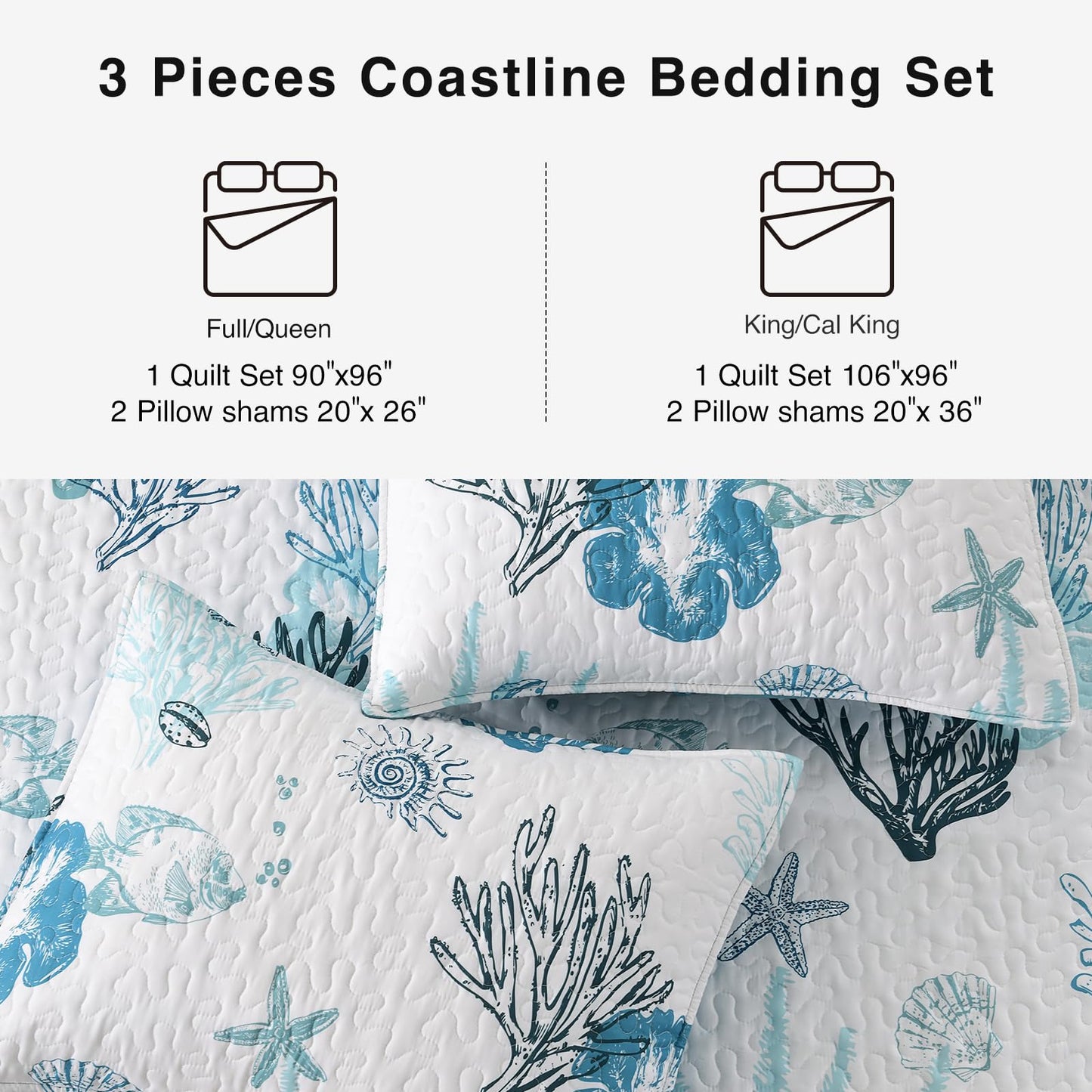 HORIMOTE HOME Coastal Quilt Bedding Set Queen Size, Reversible Blue Summer Beach Quilt Lightweight Ocean Nautical Comforter Tropical Bedspread Coverlet with 2 Pillow Shams for All Seasons (90"x96")
