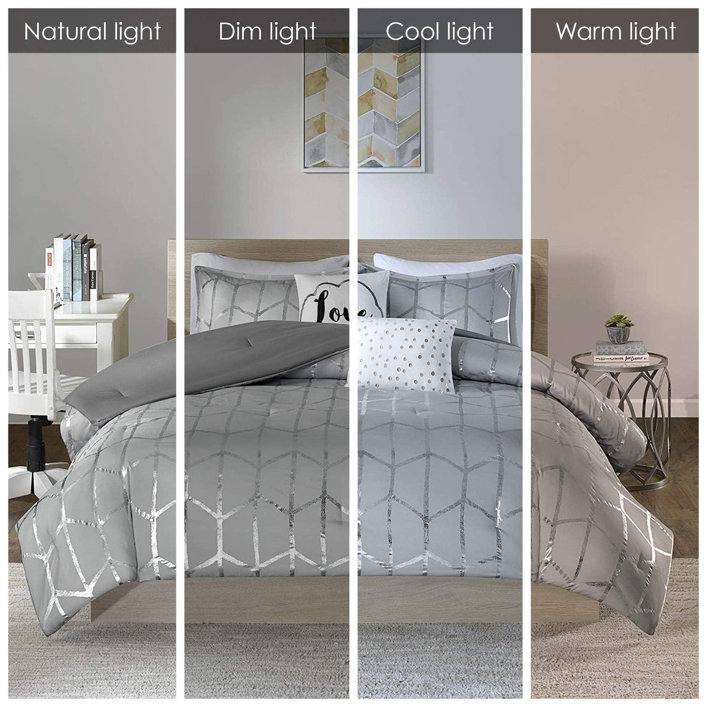 Intelligent Design - ID10-1245 Raina Comforter Set Metallic Print Geometric Design, Modern Trendy All Season Bedding Set, Matching Sham, Decorative Pillow, Grey/Silver, King/Cal King, 5 Piece