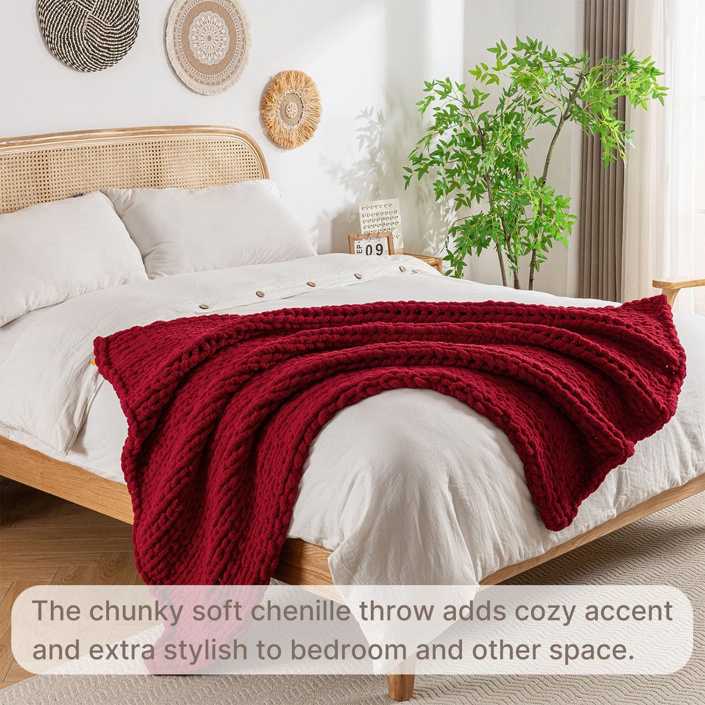 LAST MODA Chunky Knit Blanket Throw, 100% Hand Knit Throw Blanket Handmade Chenille Cable Knit Throw for Couch, Stylish Cozy Soft Rope Knot Crochet Blanket for Home Decor, Red, 50x60 Inches