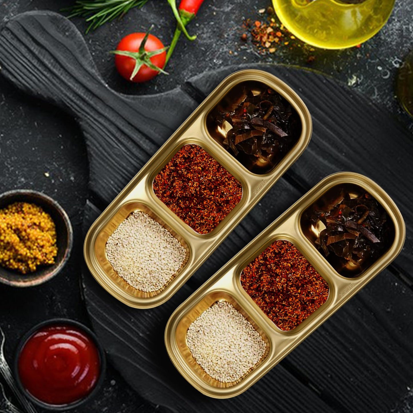 LCJAOF 3Pcs Stainless Steel Dipping Bowls-3 Compartment Appetizer Serving Tray, Soy Sauce Dish for Condiments, BBQ Sauce, and Seasoning, Dishwasher Safe, Gold