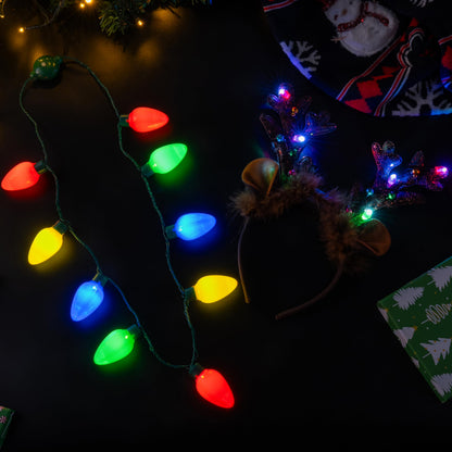JOYIN 2PCS Christmas LED Necklace and Reindeer Headband, Light Up Necklace with 9 Bulbs, Christmas Headwear and Holiday Parties Xmas Costume Accessories Party Favors.