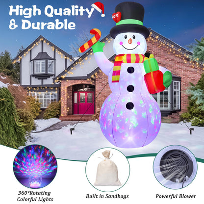 FunFanso 7 FT Christmas Inflatable Snowman Outdoor Decoration, Giant Blow up Snowman Holds Candy and Gift Boxes, Built-in Rotating Colourful Lights for Yard, Garden, Patio, Lawn Xmas Holiday Decor