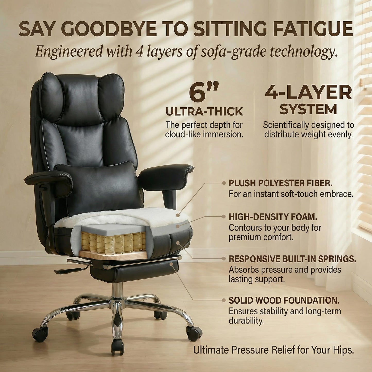Efomao Big and Tall Office Chair 400lbs – PU Leather Executive Office Chair with Lumbar Support & Leg Rest, Heavy-Duty Computer Chair for Home Office, Grey