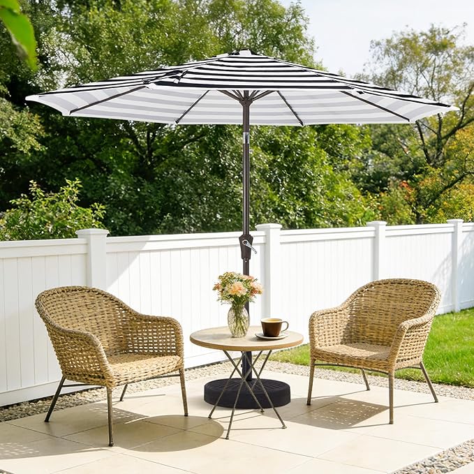 MEWAY 9ft Patio Umbrella Outdoor Table Umbrellas with Push Button Tilt and Crank, Market Umbrella 8 Sturdy Ribs for Deck, Garden, Pool and Backyard, Black-white-striped