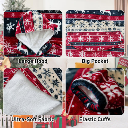 Moinlizy Wearable Blanket Hoodie, Long Thick Hooded Blanket Oversized for Adults Women Men with Pocket and Sleeves, Christmas Red Xmas Deer